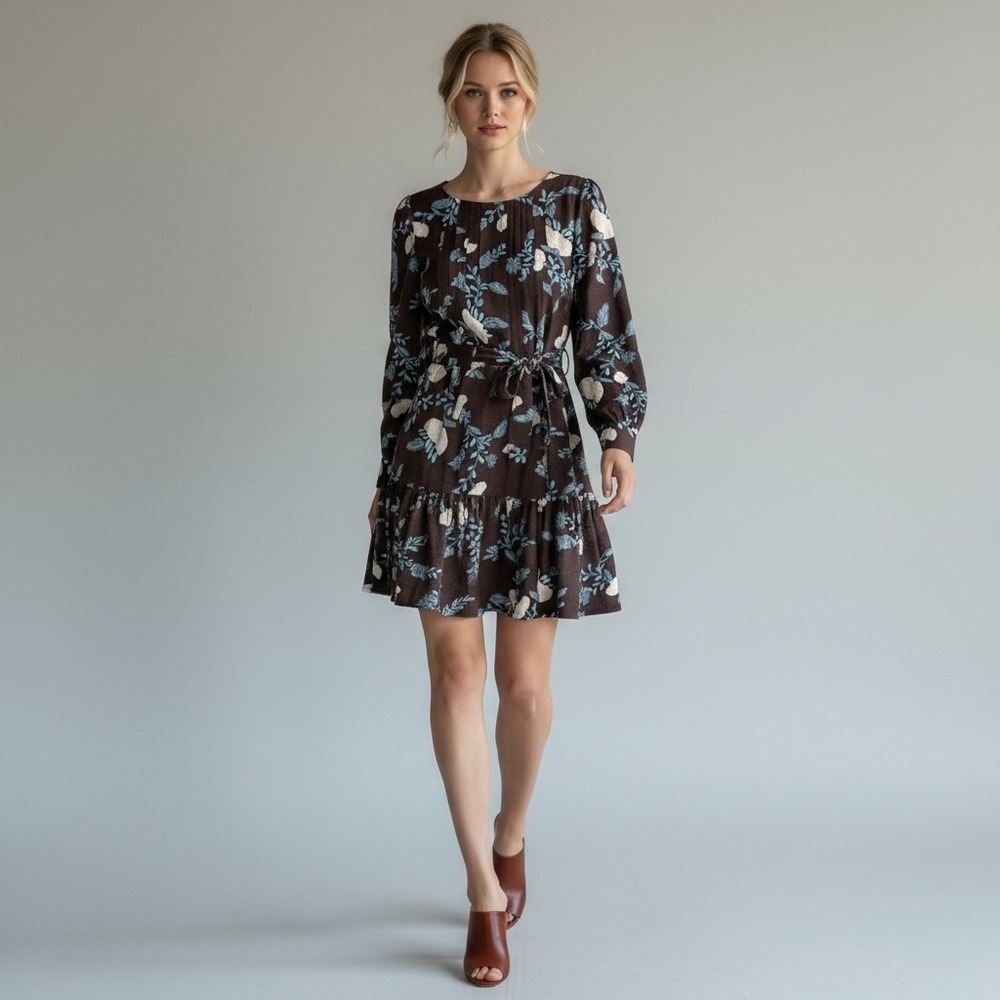 Loft Cottagecore Peasant Pleated EUC Tiered Mini Dress M Blue Brown Long Sleeve